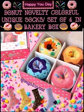🆕️LAST BOX🍩DONUT NOVELTY COLORFUL UNIQUE SOCKS/ SET OF 4 IN BAKERY BOX
